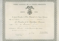 Diploma de condecorao da Ordre National de la Lgion d' Honneur, 1910.	