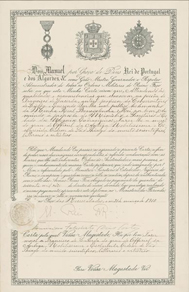 Carta de mercs de D. Manuel atribuindo a Francisco de Lacerda "o grau de Official da Antiga, Nobilissima e Esclarecida Ordem de So Thiago do merito scientifico, litterario e artistico", 1910.