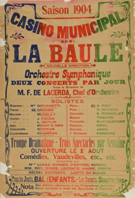 Cartaz anunciando uma série de concertos dirigidos por F. de Lacerda no Casino de La Baule, temporada de 1904.