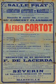 Cartaz de concerto da Association Artistique de Marseille dirigido por Francisco de Lacerda e com a participao de Alfred Cortot, 1928.