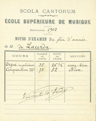 Nota de exame de fim de ano de Francisco de Lacerda, como aluno da <em>Schola Cantorum − École Supérieure de Musique</em>, assinada por Vincent d'Indy, Ano lectivo 1900-1901.