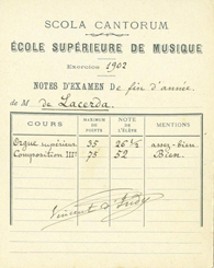 Nota de exame de fim de ano de Francisco de Lacerda, como aluno da <em>Schola Cantorum − cole Suprieure de Musique</em>, assinada por Vincent d'Indy, Ano lectivo 1900-1901.